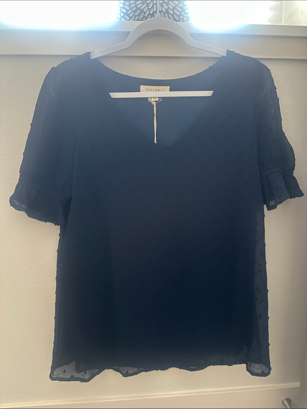 Reborn J Black Sheer Swiss Dot V-Neck Ruffle Sleeve Blouse